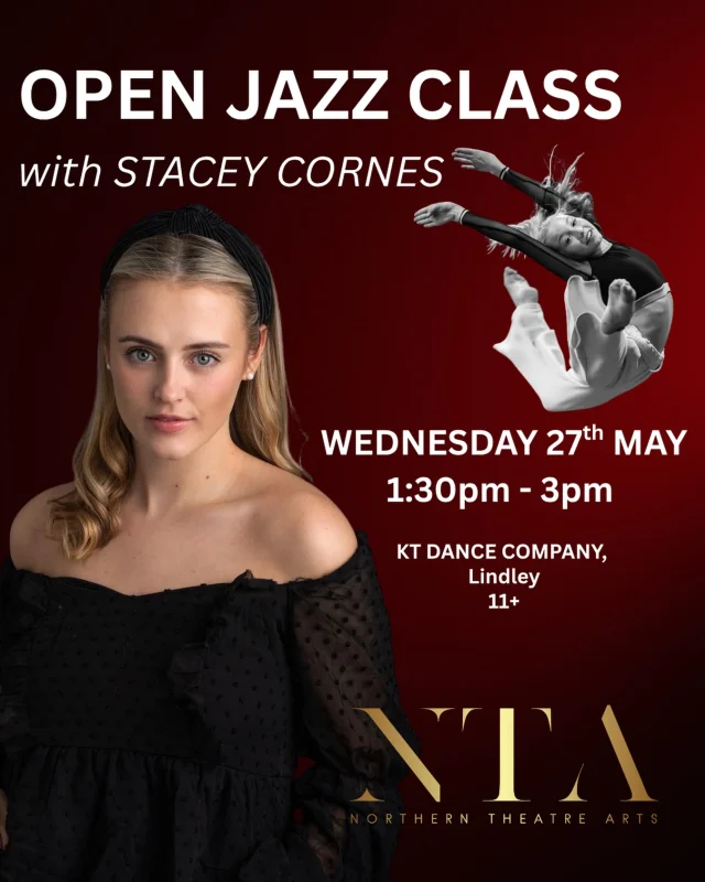 OPEN JAZZ CLASS with STACEY CORNES❗️

Wednesday 27th May 
1.30pm - 3pm 
11+ 
£18.00 
@ KT DANCE COMPANY, LINDLEY

Please DM either KT Dance Company or @staceyycorness to book on

💥💥💥